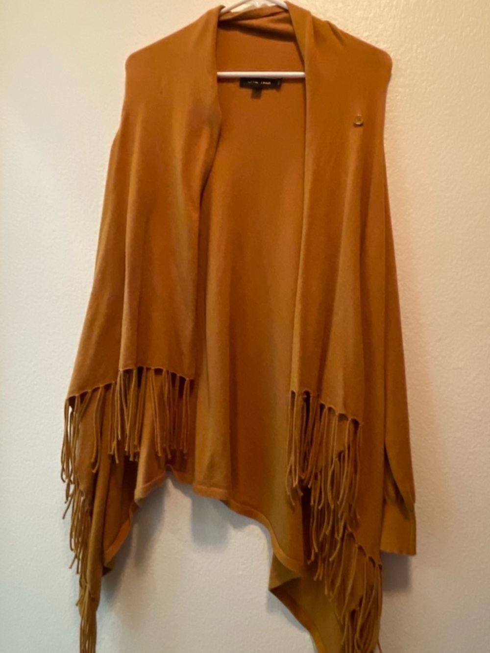 Love Tree Mustard Fringe Open-Front Poncho Sweater
